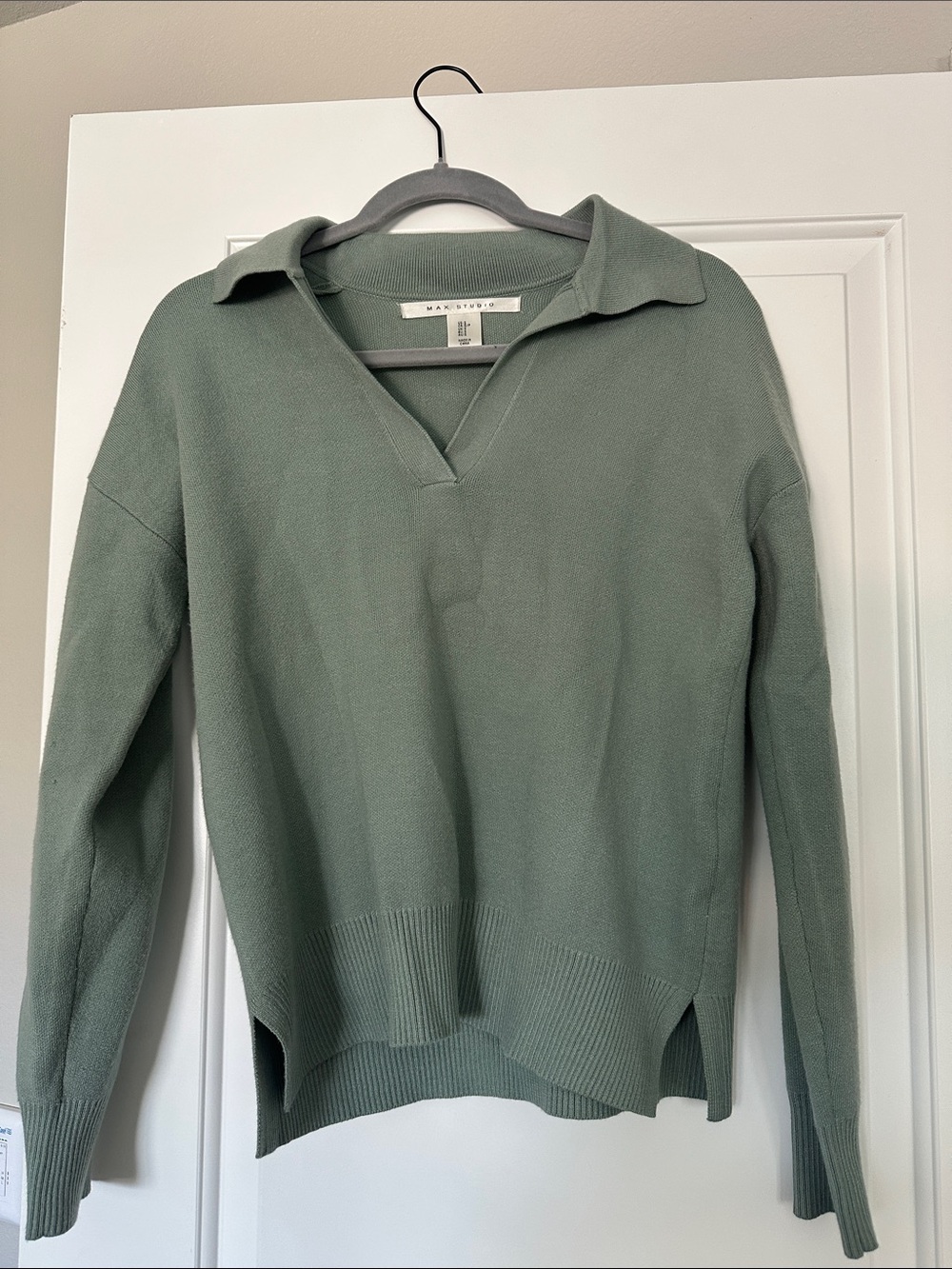 Max Studio Collared V-Neck Sweater in Sage Green